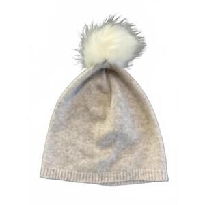 Tahari Cashmere Grey Beanie with Fluffy White Pom Pom Chunky Ribbed Cashmere Hat with Fur Pom – SofiaCashmere main image 4